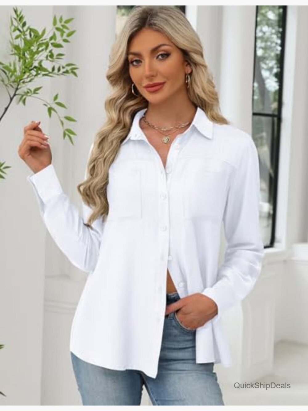 Striped Linen Button Down Shirt Long Sleeve Blouse with Pockets - Picture 2 of 7